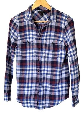 J. Crew Blue & Burgundy Cotton Plaid Flannel Button Down Shirt - Size 4